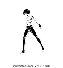 Dynamic Anime Character in Action Illustration in Black on White for Manga, Art, and Graphic Design Styles