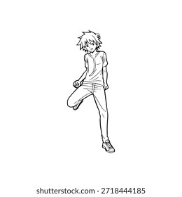 Personaje de anime dinámico en ilustración de acción en negro sobre blanco para manga, arte y estilos de Diseño gráfico