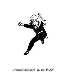 Personaje de anime dinámico en ilustración de acción en negro sobre blanco para manga, arte y estilos de Diseño gráfico