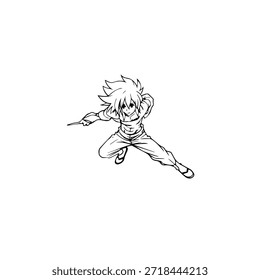 Dynamic Anime Character in Action Illustration in Black on White for Manga, Art, and Graphic Design Styles