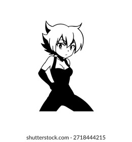 Dynamischer Anime-Charakter in Aktion Illustration in Schwarz auf Weiß für Manga-, Kunst- und Grafikdesign-Stile
