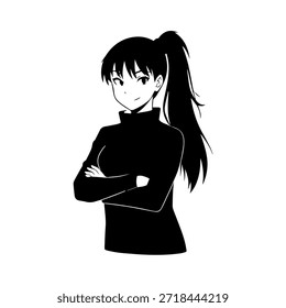 Dynamischer Anime-Charakter in Aktion Illustration in Schwarz auf Weiß für Manga-, Kunst- und Grafikdesign-Stile