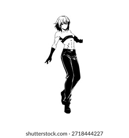 Personagem de Anime Dinâmico na Ilustração de Ação em Preto sobre Branco para Mangá, Arte e Estilos de Design Gráfico