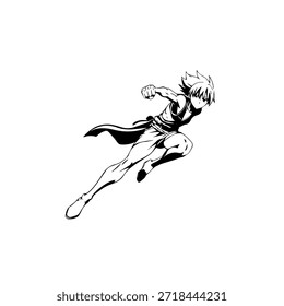 Personaje de anime dinámico en ilustración de acción en negro sobre blanco para manga, arte y estilos de Diseño gráfico