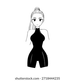 Dynamischer Anime-Charakter in Aktion Illustration in Schwarz auf Weiß für Manga-, Kunst- und Grafikdesign-Stile