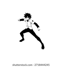 Personagem de Anime Dinâmico na Ilustração de Ação em Preto sobre Branco para Mangá, Arte e Estilos de Design Gráfico