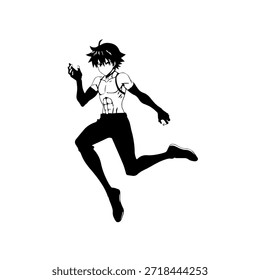 Personagem de Anime Dinâmico na Ilustração de Ação em Preto sobre Branco para Mangá, Arte e Estilos de Design Gráfico