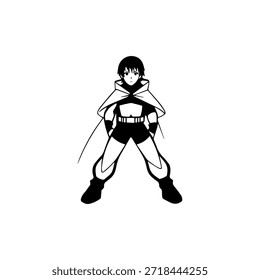 Personagem de Anime Dinâmico na Ilustração de Ação em Preto sobre Branco para Mangá, Arte e Estilos de Design Gráfico