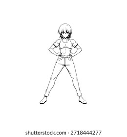Personaje de anime dinámico en ilustración de acción en negro sobre blanco para manga, arte y estilos de Diseño gráfico