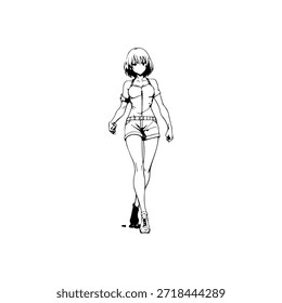 Personaje de anime dinámico en ilustración de acción en negro sobre blanco para manga, arte y estilos de Diseño gráfico