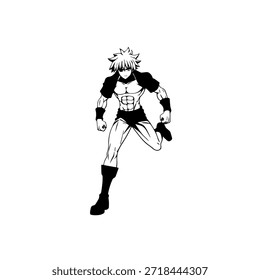 Personagem de Anime Dinâmico na Ilustração de Ação em Preto sobre Branco para Mangá, Arte e Estilos de Design Gráfico