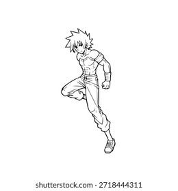 Dynamic Anime Character in Action Illustration in Black on White for Manga, Art, and Graphic Design Styles