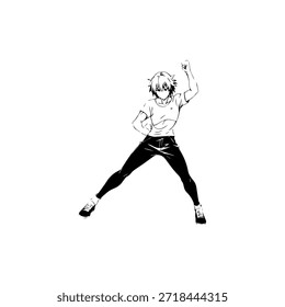 Personagem de Anime Dinâmico na Ilustração de Ação em Preto sobre Branco para Mangá, Arte e Estilos de Design Gráfico