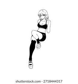 Dynamic Anime Character in Action Illustration in Black on White for Manga, Art, and Graphic Design Styles