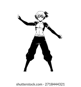 Personagem de Anime Dinâmico na Ilustração de Ação em Preto sobre Branco para Mangá, Arte e Estilos de Design Gráfico