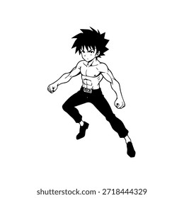 Personagem de Anime Dinâmico na Ilustração de Ação em Preto sobre Branco para Mangá, Arte e Estilos de Design Gráfico