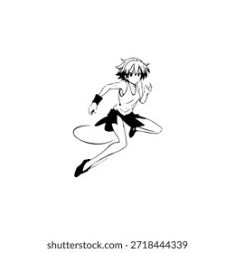 Dynamic Anime Character in Action Illustration in Black on White for Manga, Art, and Graphic Design Styles