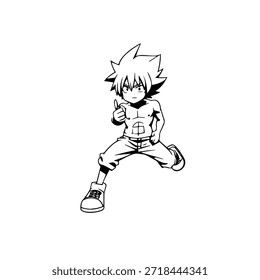 Personaje de anime dinámico en ilustración de acción en negro sobre blanco para manga, arte y estilos de Diseño gráfico