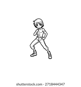 Dynamic Anime Character in Action Illustration in Black on White for Manga, Art, and Graphic Design Styles