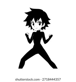 Dynamischer Anime-Charakter in Aktion Illustration in Schwarz auf Weiß für Manga-, Kunst- und Grafikdesign-Stile