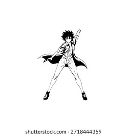 Dynamic Anime Character in Action Illustration in Black on White for Manga, Art, and Graphic Design Styles