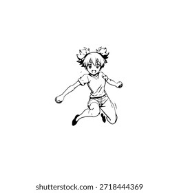 Dynamic Anime Character in Action Illustration in Black on White for Manga, Art, and Graphic Design Styles