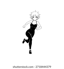 Dynamic Anime Character in Action Illustration in Black on White for Manga, Art, and Graphic Design Styles