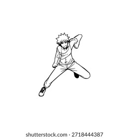 Personagem de Anime Dinâmico na Ilustração de Ação em Preto sobre Branco para Mangá, Arte e Estilos de Design Gráfico