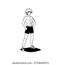 Personagem de Anime Dinâmico na Ilustração de Ação em Preto sobre Branco para Mangá, Arte e Estilos de Design Gráfico