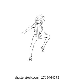 Personaje de anime dinámico en ilustración de acción en negro sobre blanco para manga, arte y estilos de Diseño gráfico
