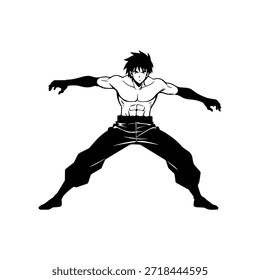 Dynamic Anime Character in Action Illustration in Black on White for Manga, Art, and Graphic Design Styles