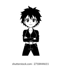 Personaje de anime dinámico en ilustración de acción en negro sobre blanco para manga, arte y estilos de Diseño gráfico