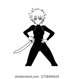 Dynamic Anime Character in Action Illustration in Black on White for Manga, Art, and Graphic Design Styles