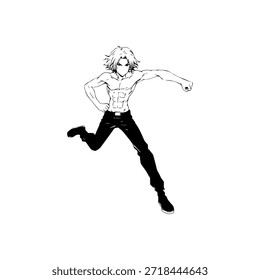 Personagem de Anime Dinâmico na Ilustração de Ação em Preto sobre Branco para Mangá, Arte e Estilos de Design Gráfico