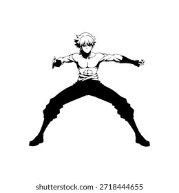 Personaje de anime dinámico en ilustración de acción en negro sobre blanco para manga, arte y estilos de Diseño gráfico