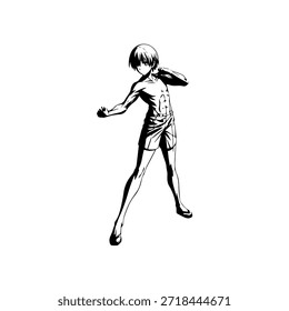 Personagem de Anime Dinâmico na Ilustração de Ação em Preto sobre Branco para Mangá, Arte e Estilos de Design Gráfico