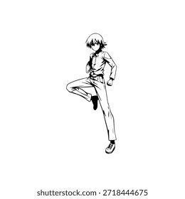 Personagem de Anime Dinâmico na Ilustração de Ação em Preto sobre Branco para Mangá, Arte e Estilos de Design Gráfico