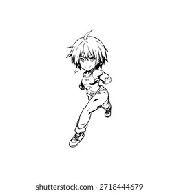 Dynamic Anime Character in Action Illustration in Black on White for Manga, Art, and Graphic Design Styles