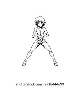Personaje de anime dinámico en ilustración de acción en negro sobre blanco para manga, arte y estilos de Diseño gráfico