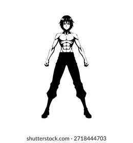Personagem de Anime Dinâmico na Ilustração de Ação em Preto sobre Branco para Mangá, Arte e Estilos de Design Gráfico