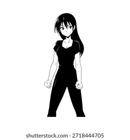 Dynamic Anime Character in Action Illustration in Black on White for Manga, Art, and Graphic Design Styles