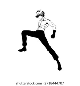 Personagem de Anime Dinâmico na Ilustração de Ação em Preto sobre Branco para Mangá, Arte e Estilos de Design Gráfico