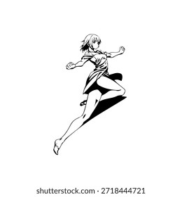 Personaje de anime dinámico en ilustración de acción en negro sobre blanco para manga, arte y estilos de Diseño gráfico