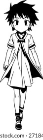 Personagem de Anime Dinâmico na Ilustração de Ação em Preto sobre Branco para Mangá, Arte e Estilos de Design Gráfico