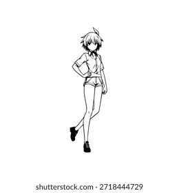 Dynamic Anime Character in Action Illustration in Black on White for Manga, Art, and Graphic Design Styles