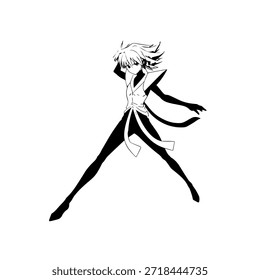 Dynamic Anime Character in Action Illustration in Black on White for Manga, Art, and Graphic Design Styles