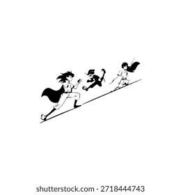 Personaje de anime dinámico en ilustración de acción en negro sobre blanco para manga, arte y estilos de Diseño gráfico