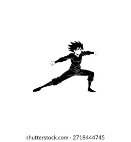 Dynamischer Anime-Charakter in Aktion Illustration in Schwarz auf Weiß für Manga-, Kunst- und Grafikdesign-Stile