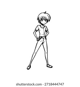 Dynamic Anime Character in Action Illustration in Black on White for Manga, Art, and Graphic Design Styles