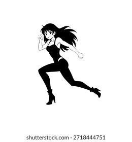 Personaje de anime dinámico en ilustración de acción en negro sobre blanco para manga, arte y estilos de Diseño gráfico